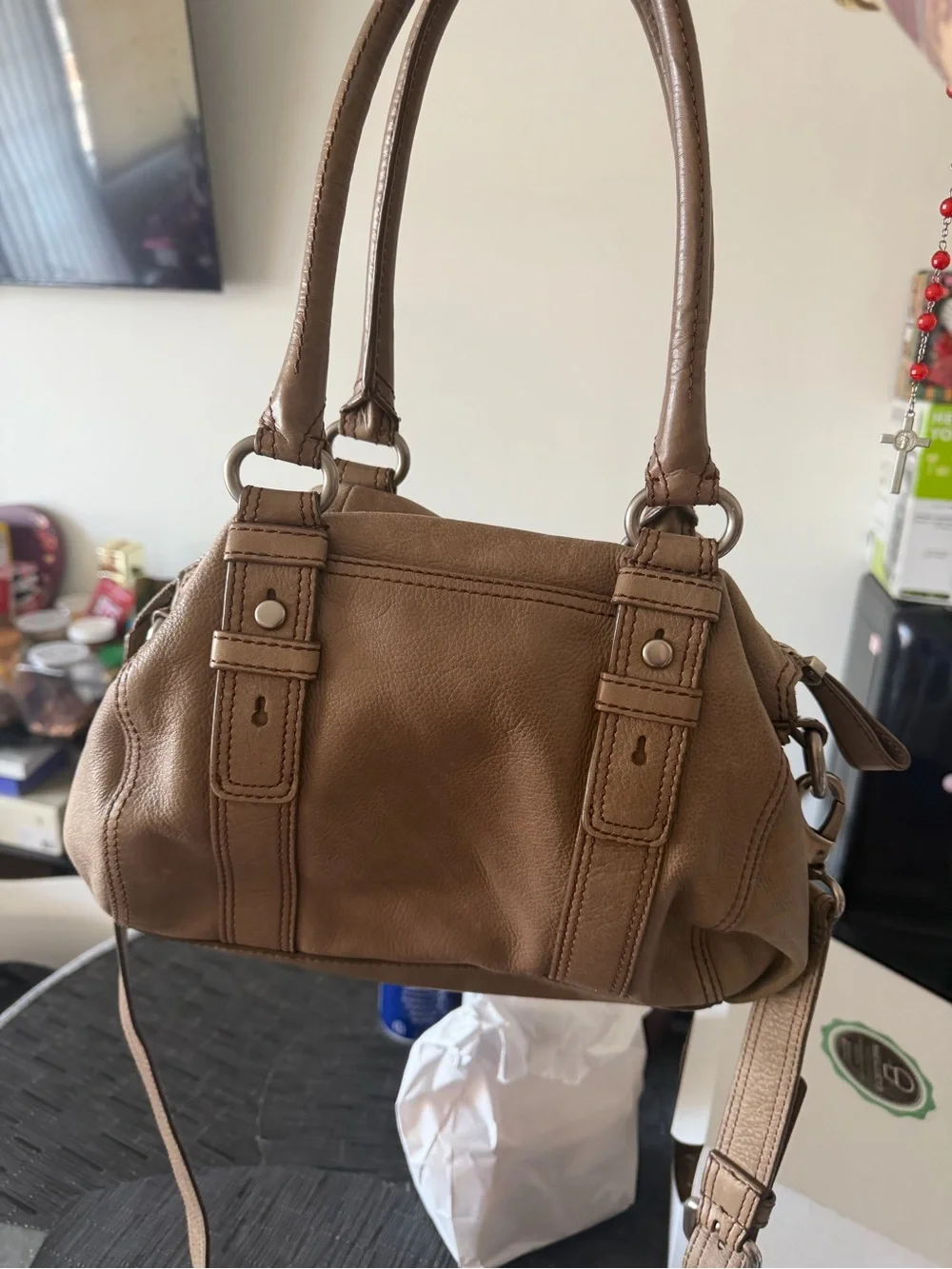Fossil Taupe Pebbled Leather Shoulder Bag
